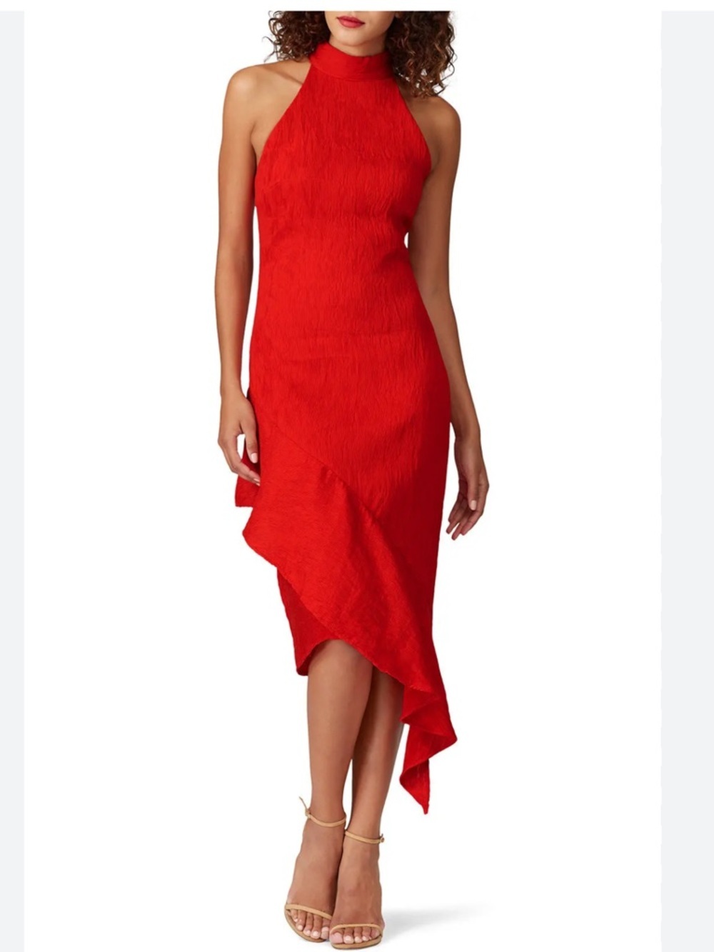 ELLIATT  Felice Dress Red Sleeveless Asymmetric Hem  High Neck Ruffles